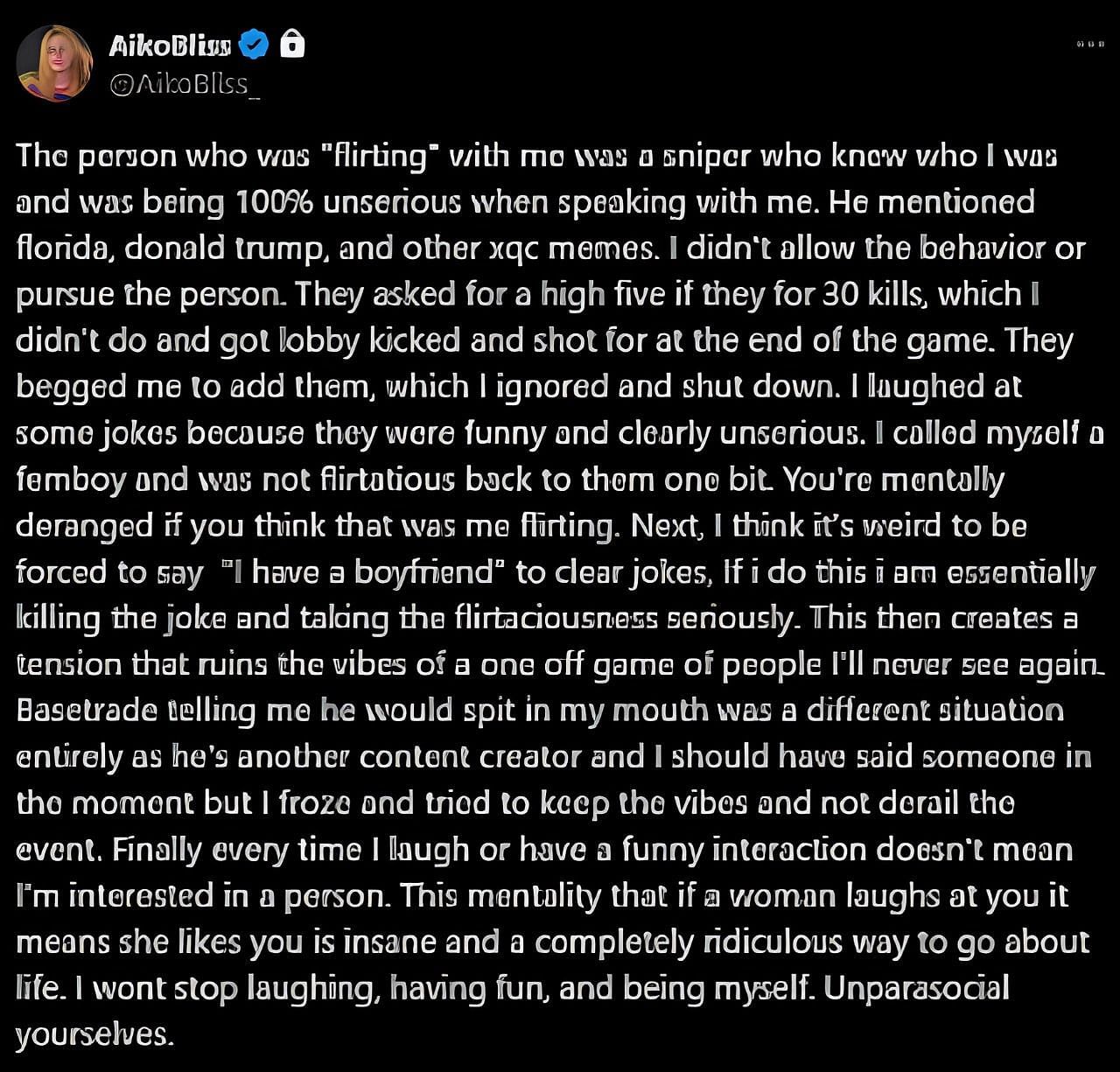 Aikobliss addressed allegations of "flirting" behavior involving a stream sniper (Image via @AikoBliss_/X)